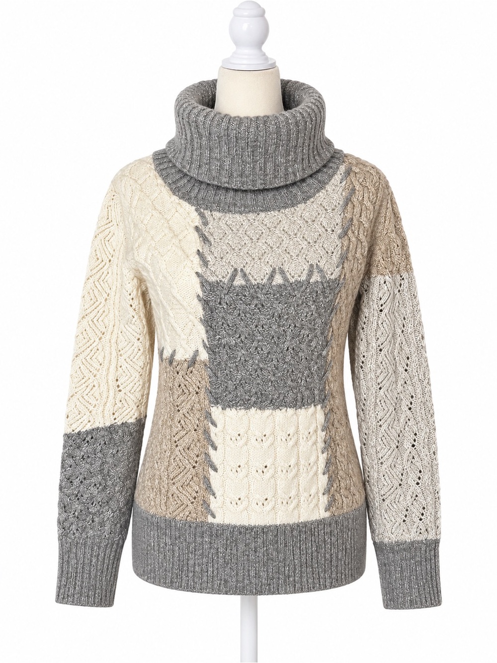 Sundance Women’s M Patchwork Cable Knit Turtleneck Sweater Wool Blend Gray